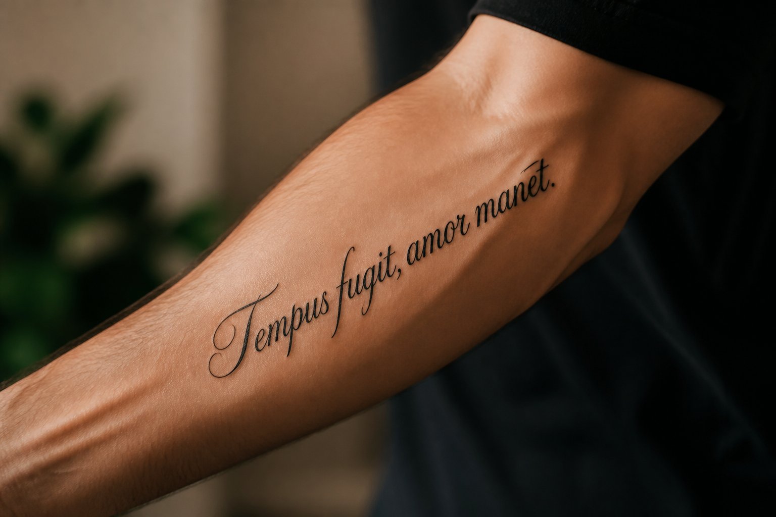 Braço de uma pessoa com uma tatuagem em latim em destaque, mostrando detalhes da pele e da tatuagem.