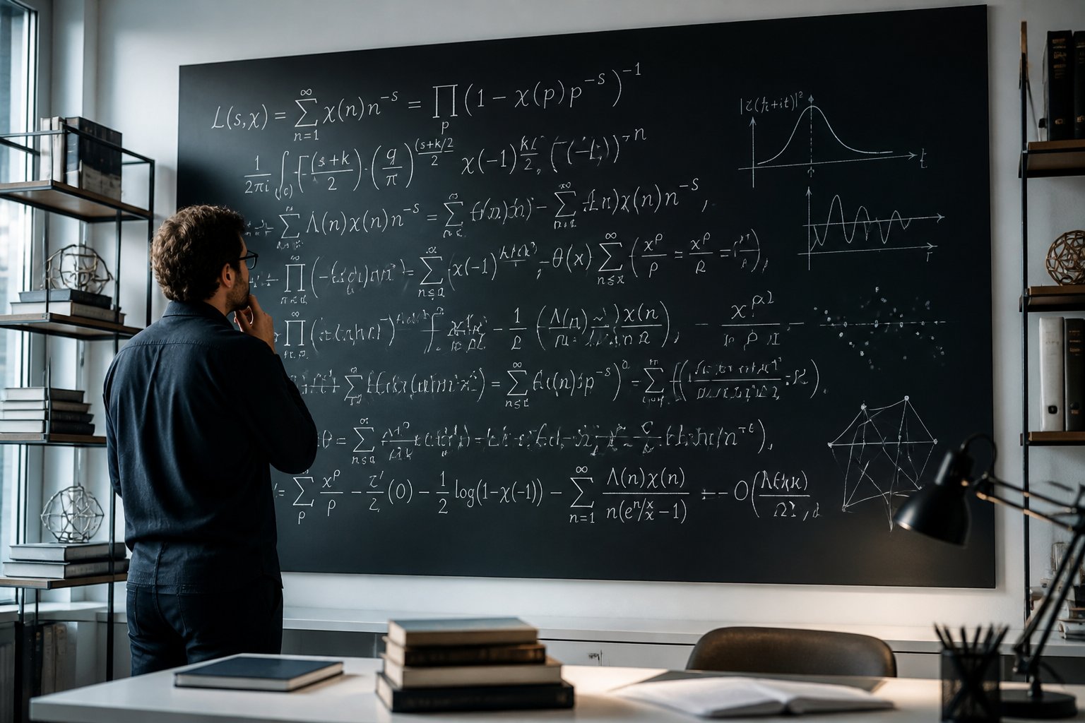 Pessoa pensativa em frente a um quadro negro com uma equação matemática complexa escrita, em uma sala organizada com livros e materiais científicos.