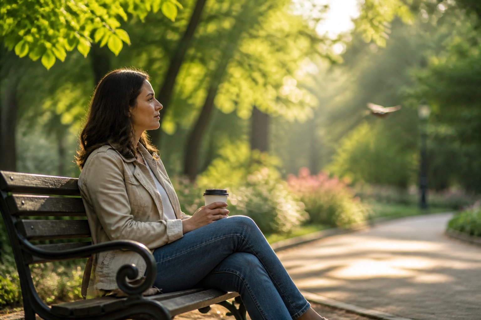 Pessoa sentada em um banco de parque, segurando um copo de café, cercada por árvores verdes e luz do sol suave.