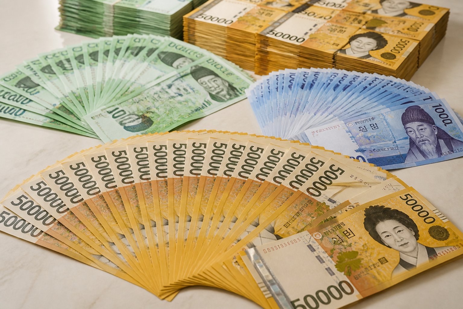 Uma grande quantidade de cédulas de won sul-coreano organizadas sobre uma superfície limpa.