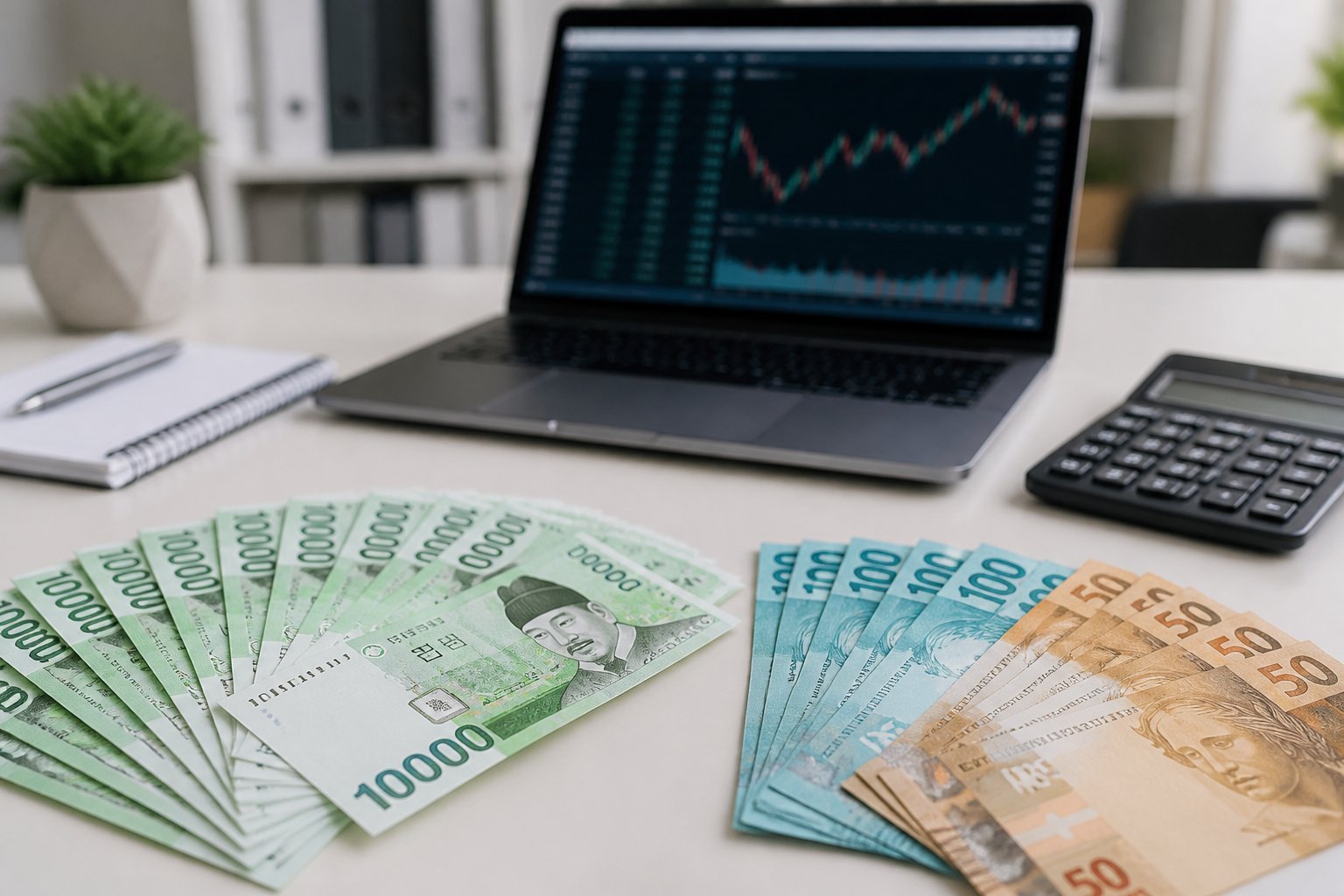 Notas de dinheiro coreano e brasileiro sobre uma mesa de escritório com uma calculadora e um laptop ao fundo.