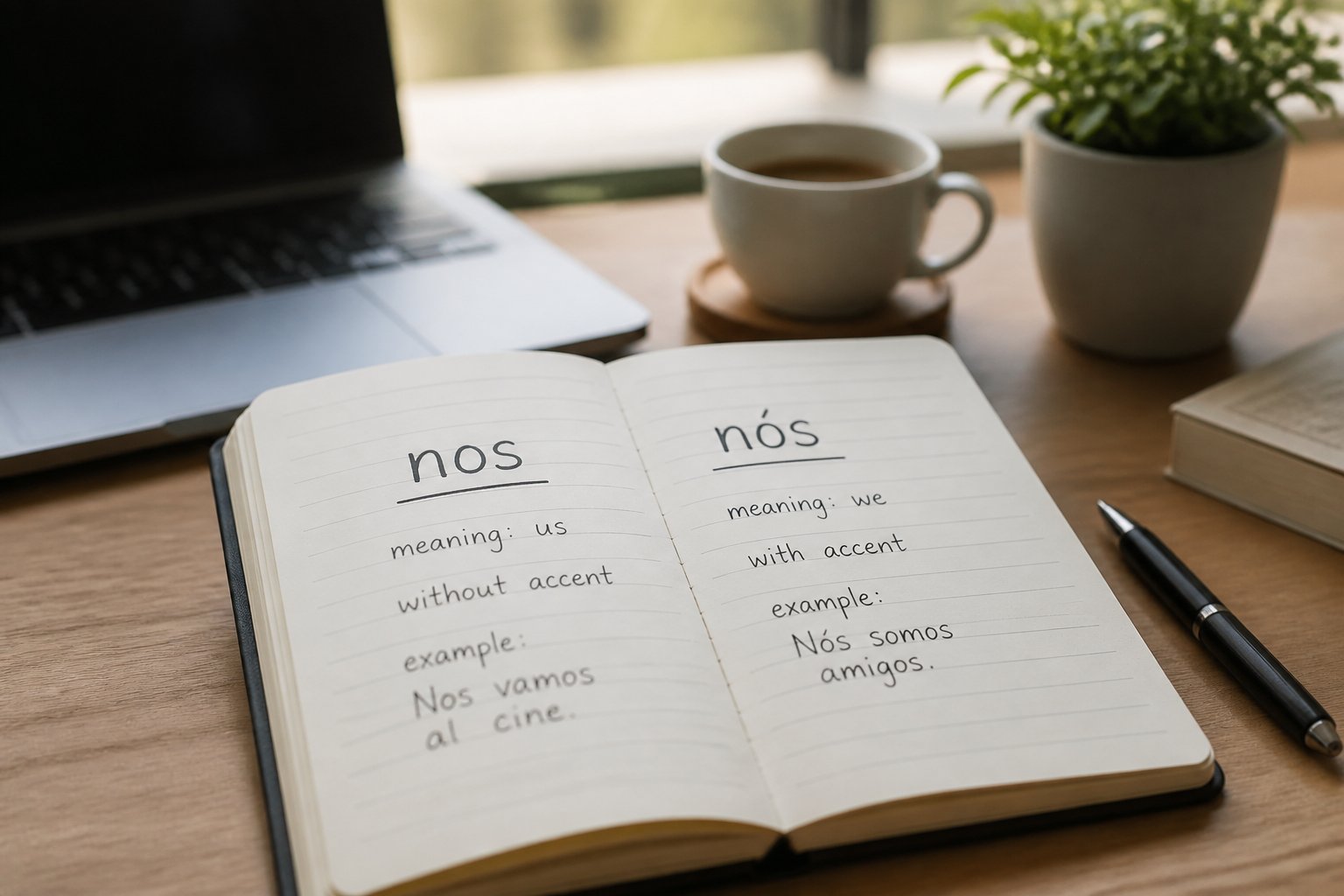 Caderno aberto sobre uma mesa de madeira com anotações manuscritas mostrando as palavras 'nos' e 'nós', com uma caneta ao lado e objetos desfocados ao fundo.