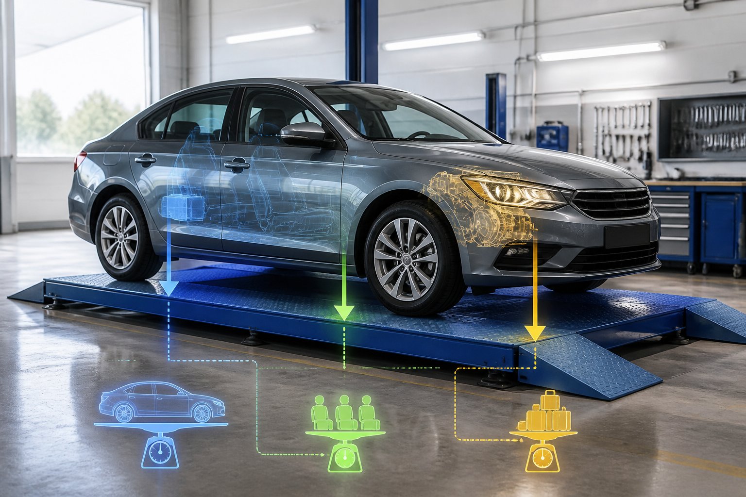 Um carro moderno estacionado sobre uma balança digital para veículos em uma oficina automotiva limpa e organizada.