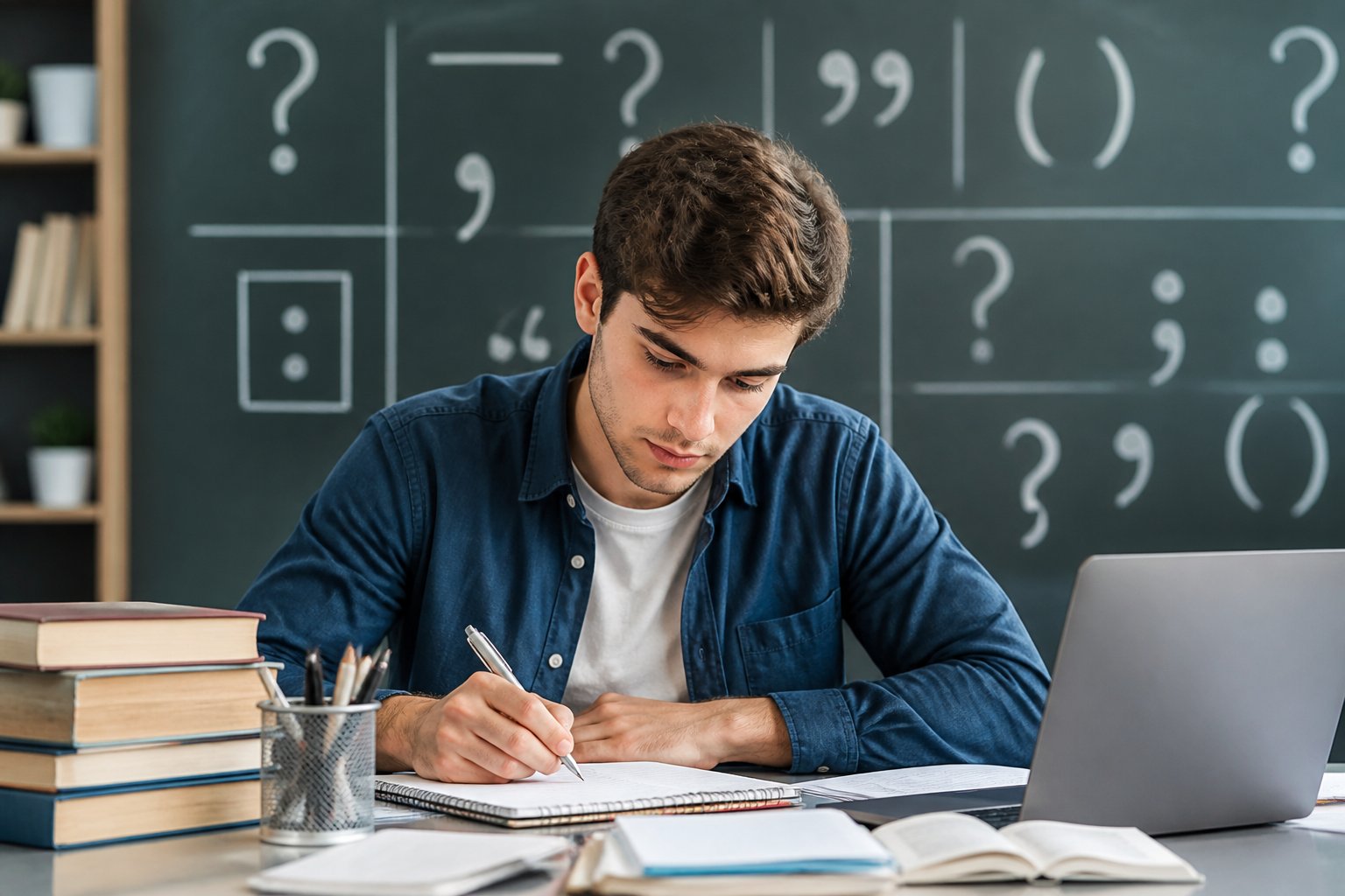 Estudante jovem escrevendo em um caderno em uma sala de aula com quadro ao fundo.
