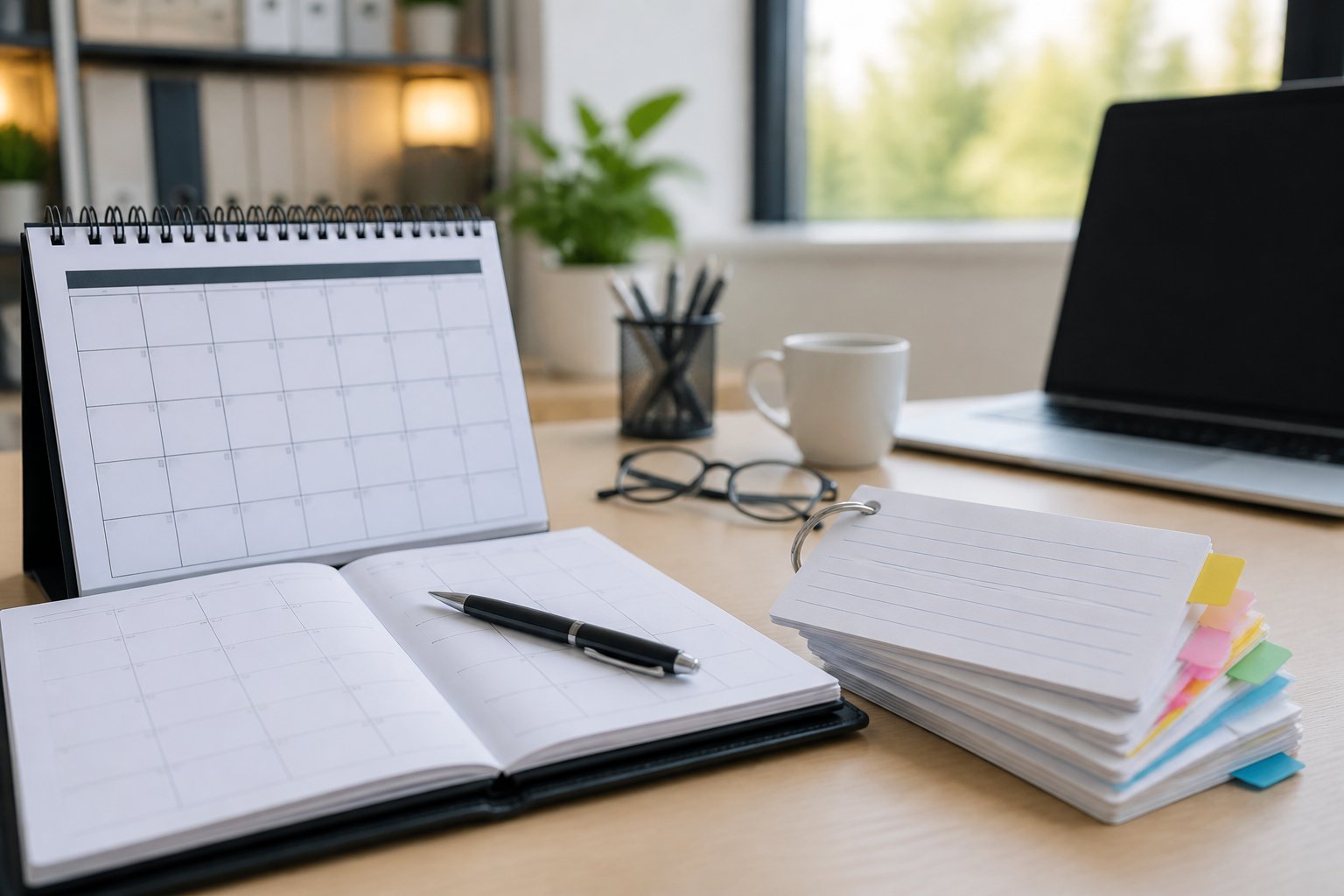 Ambiente de escritório com um calendário fixo e uma pilha de fichas organizadas sobre a mesa, representando conceitos diferentes.