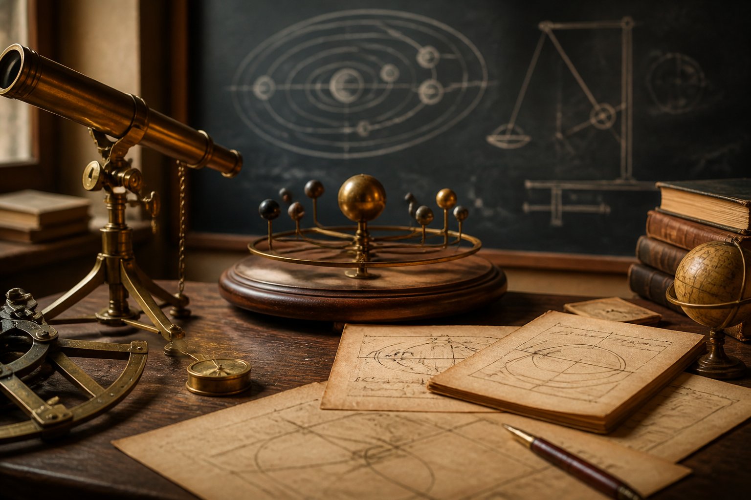 Mesa com instrumentos científicos antigos, notas manuscritas e um quadro-negro ao fundo com desenhos de conceitos de física clássica.