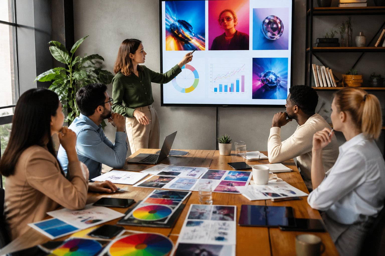 Profissionais em um escritório moderno colaborando em uma mesa com materiais de marketing e uma tela digital exibindo métricas de publicidade.