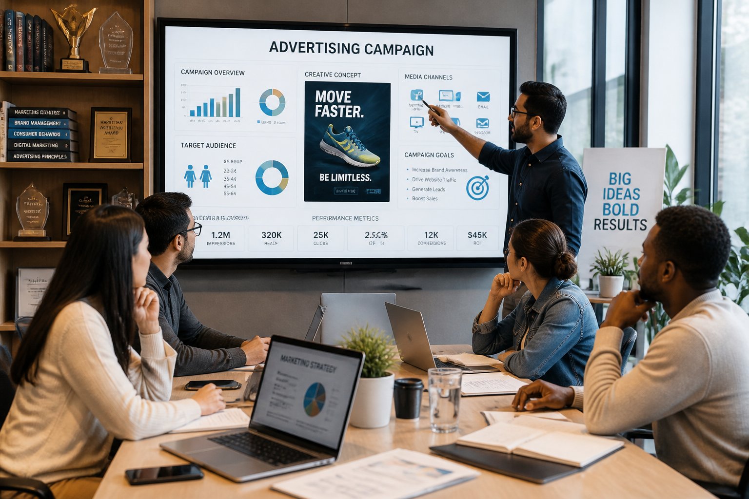 Profissionais de marketing colaborando em um escritório moderno com uma tela digital exibindo gráficos e imagens relacionadas a publicidade.