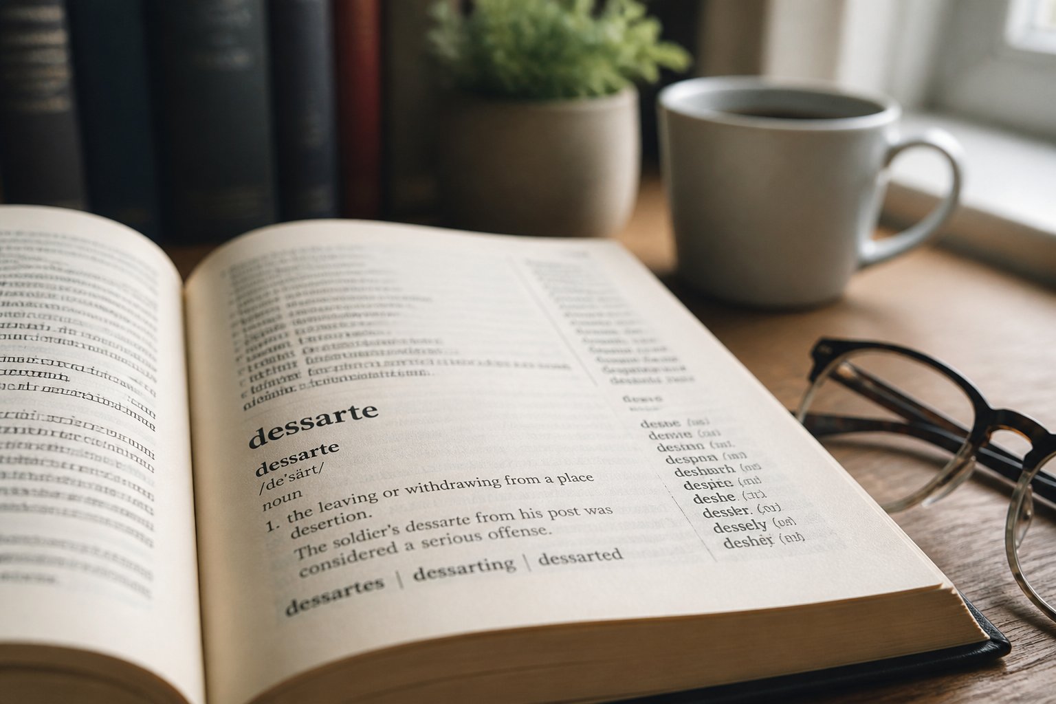 Dicionário aberto em uma mesa de madeira com óculos de leitura ao lado, iluminado por luz natural, com uma xícara de café e uma planta ao fundo.