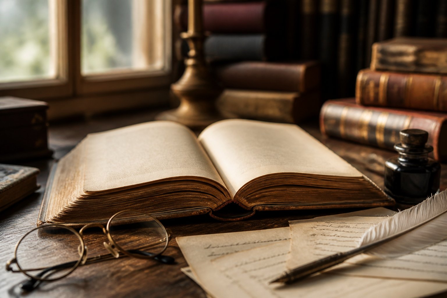 Livro antigo aberto sobre uma mesa de madeira com óculos vintage, pena e tinteiro, iluminados por luz natural suave.