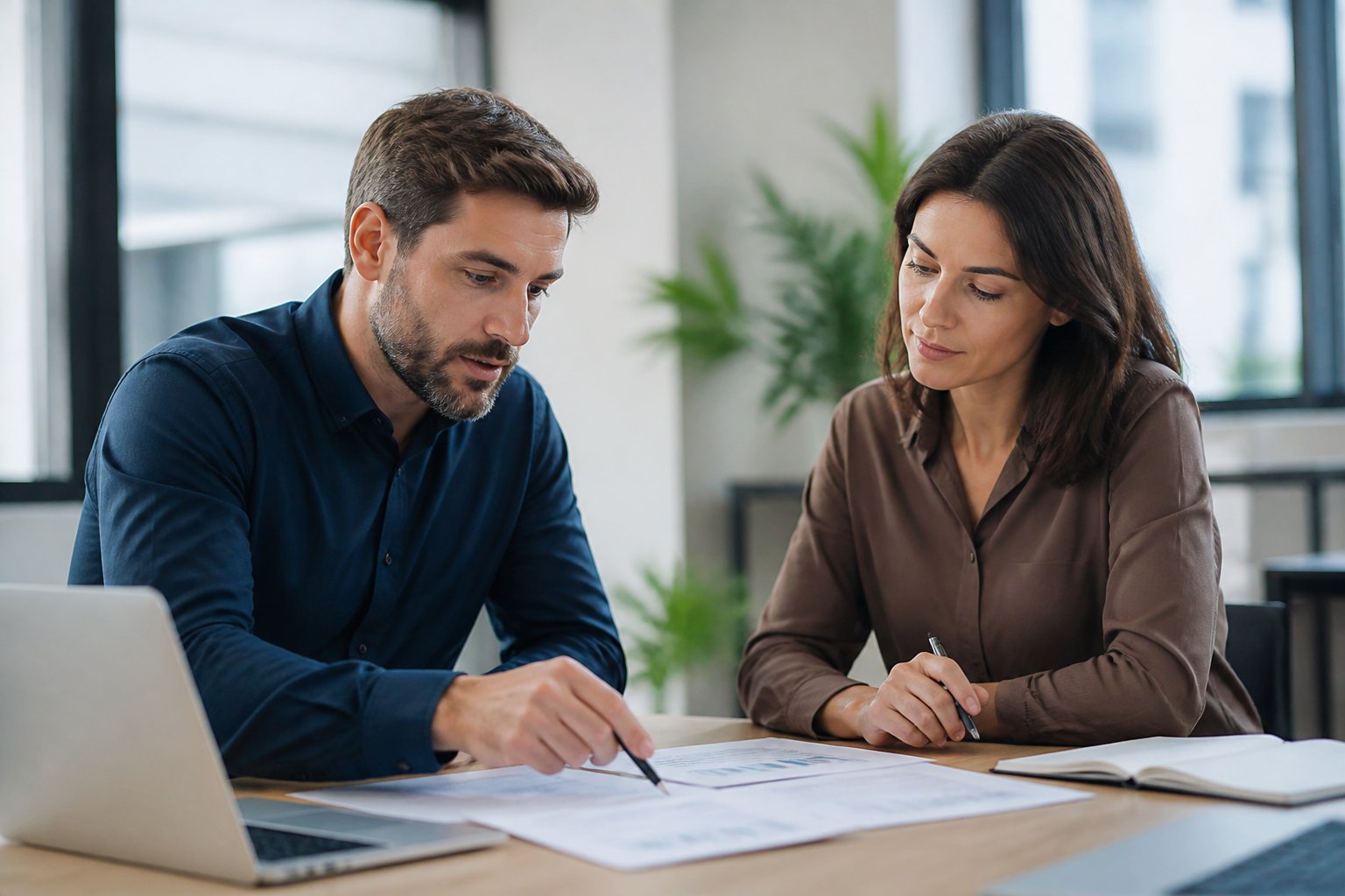 Duas pessoas em uma reunião de trabalho discutindo documentos em uma mesa de escritório moderna.