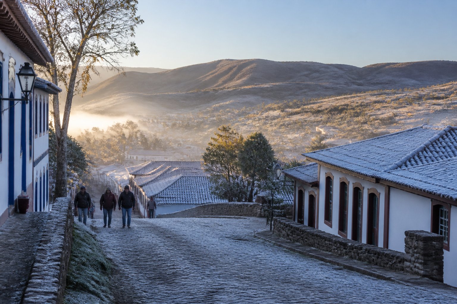 Rua de uma pequena cidade do Nordeste do Brasil com casas coloniais e pessoas vestindo roupas de frio em manhã com neblina.
