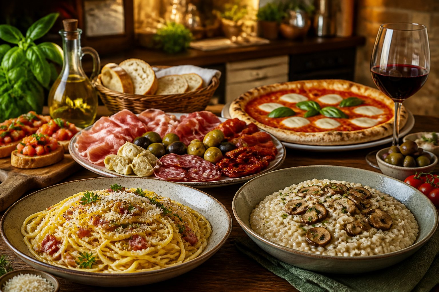 Mesa rústica com pratos típicos da culinária italiana, incluindo espaguete, pizza, risoto e uma tábua de antepastos variados.