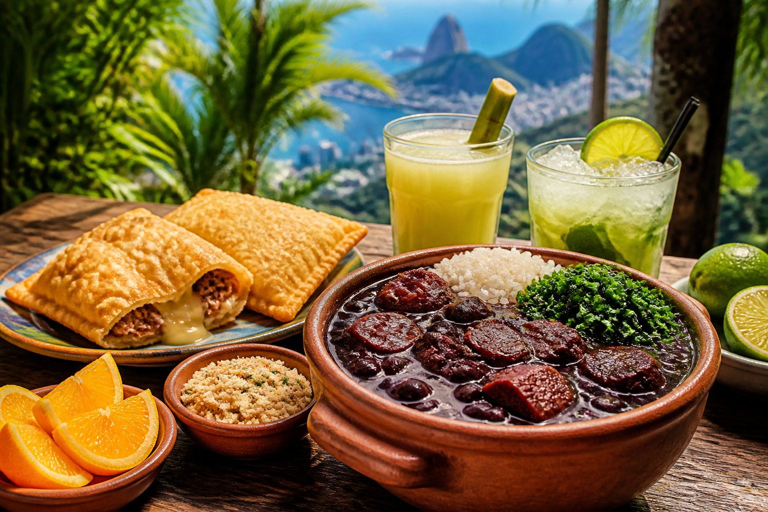 Mesa com pratos tradicionais da comida do Rio de Janeiro, incluindo feijoada, pastel, caldo de cana e caipirinha, em um ambiente ao ar livre.