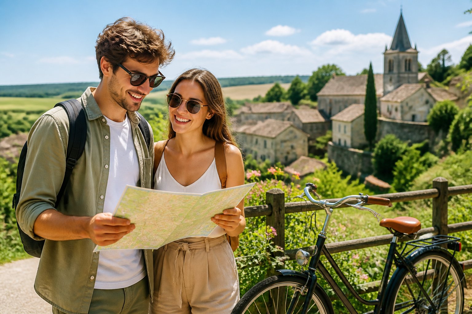 Casal sorridente aproveitando um dia ensolarado em uma vila tranquila perto de Paris, com casas de pedra e campos verdes ao fundo.