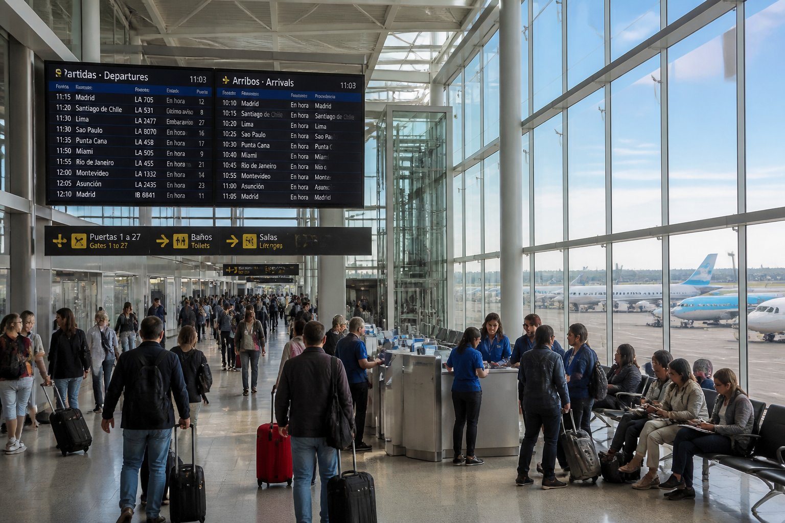 Terminal movimentado de aeroporto em Buenos Aires com passageiros, funcionários e aviões visíveis ao fundo.