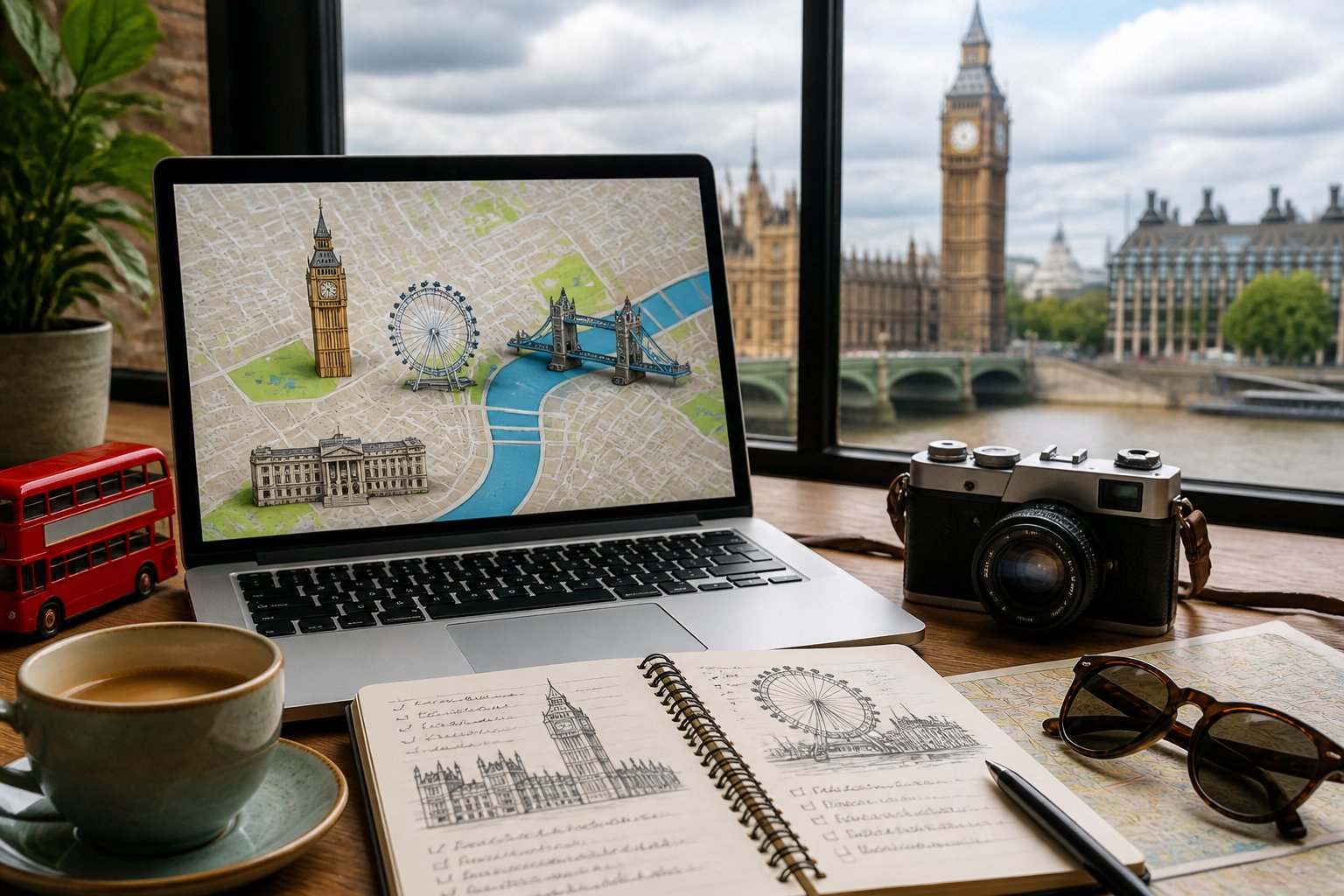Mesa com laptop mostrando mapa de Londres, caderno com anotações, miniatura de ônibus vermelho, câmera e óculos, com vista da cidade de Londres ao fundo.