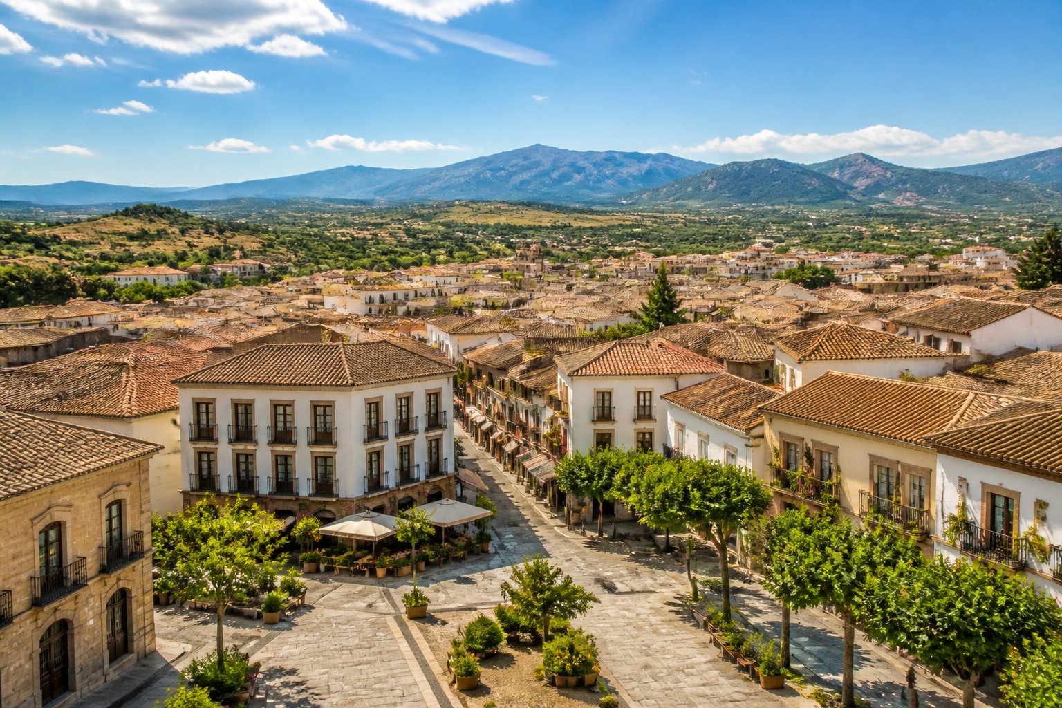 Vista panorâmica de cidades próximas a Madrid com ruas tradicionais, telhados de terracota, praças com cafés ao ar livre e colinas ao fundo.