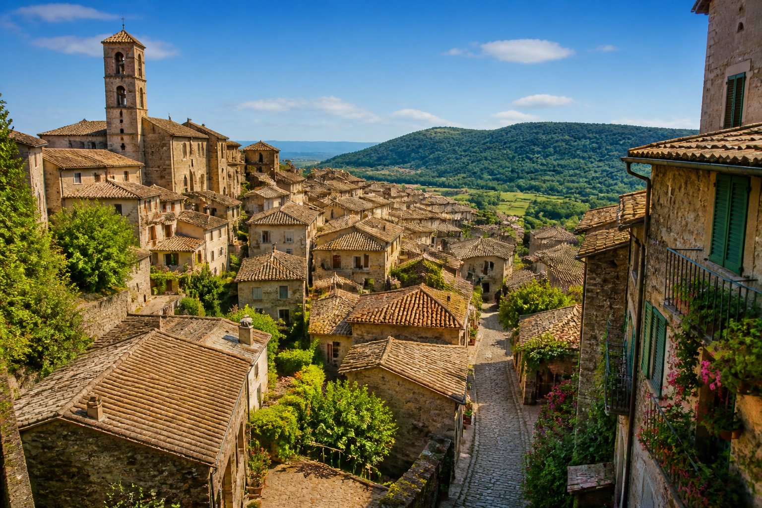 Vista panorâmica de pequenas cidades históricas próximas a Roma com telhados de terracota, ruas de pedra e colinas verdes ao fundo.