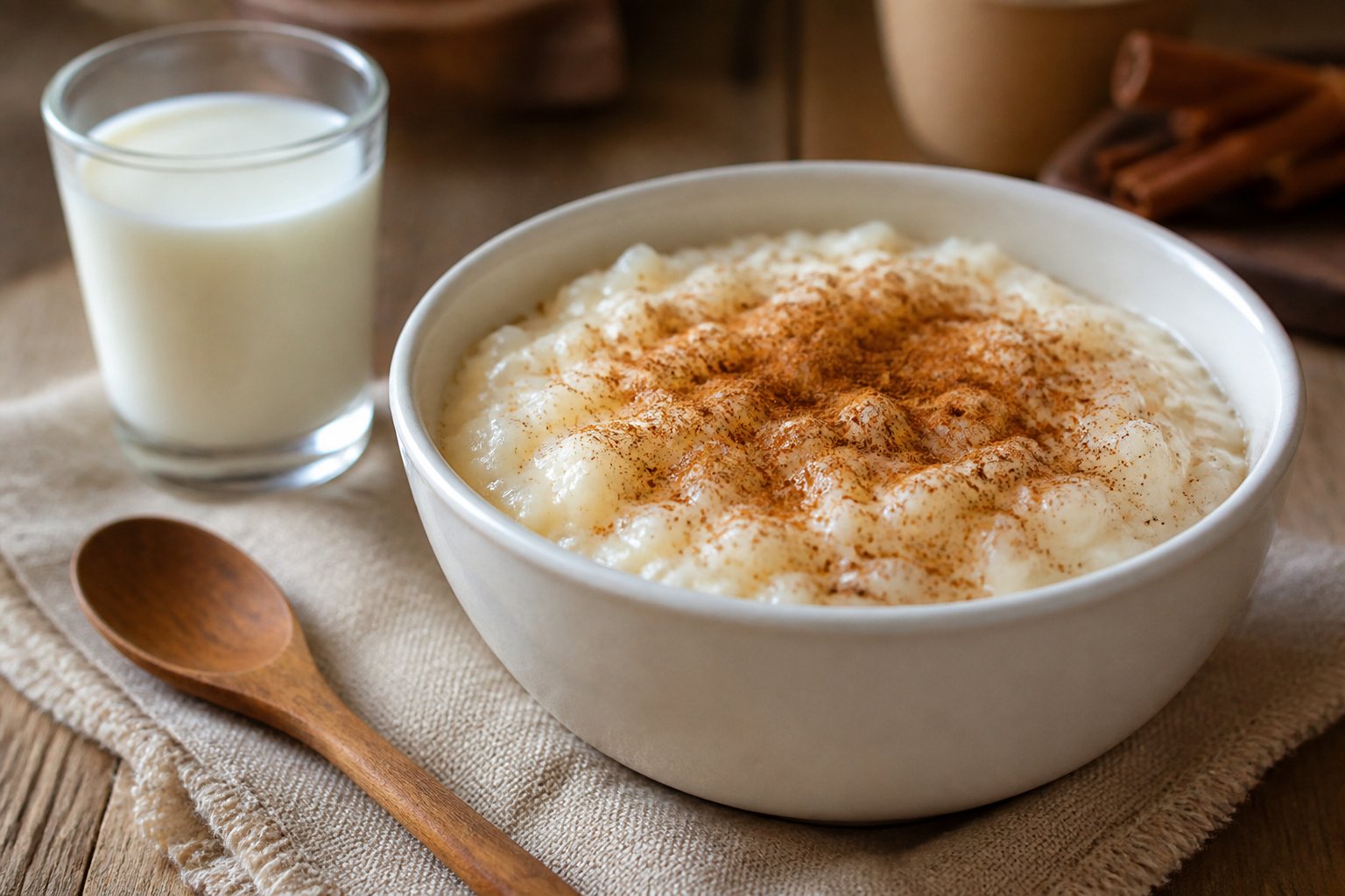 Uma tigela branca com arroz doce cremoso polvilhado com canela, sobre uma mesa de madeira com uma colher de madeira e um copo de leite ao lado.