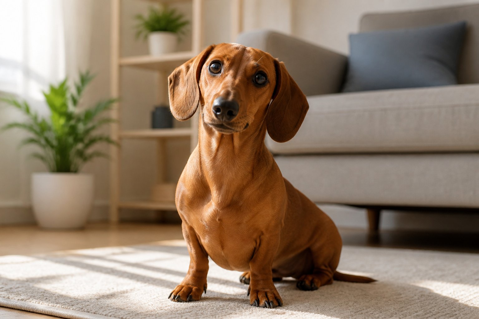 Cachorro da raça salsicha sentado no chão de uma sala aconchegante, com luz natural e plantas ao fundo.