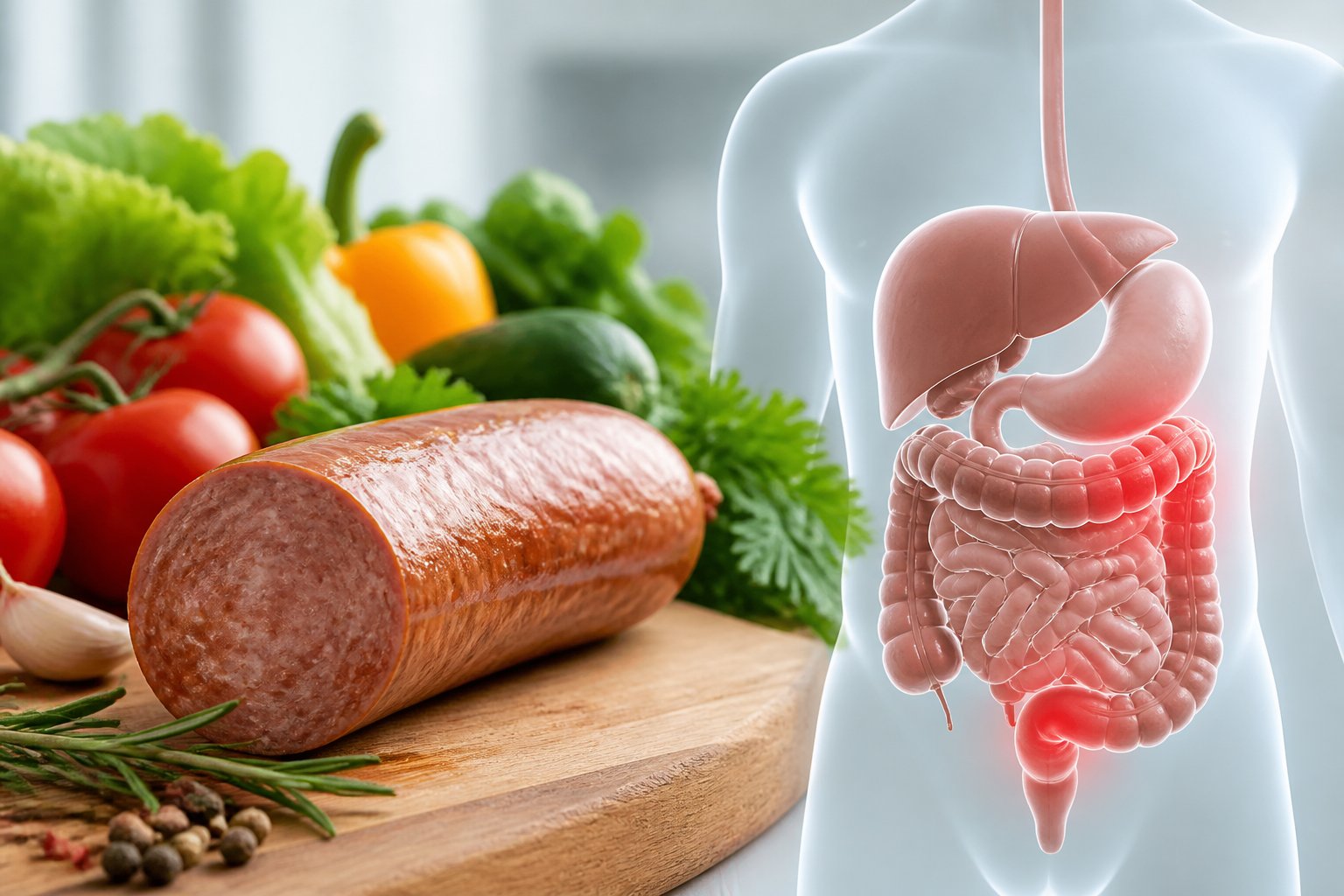 Salsicha fresca sobre tábua de cortar com vegetais ao redor e um gráfico sutil do sistema digestivo humano ao lado.