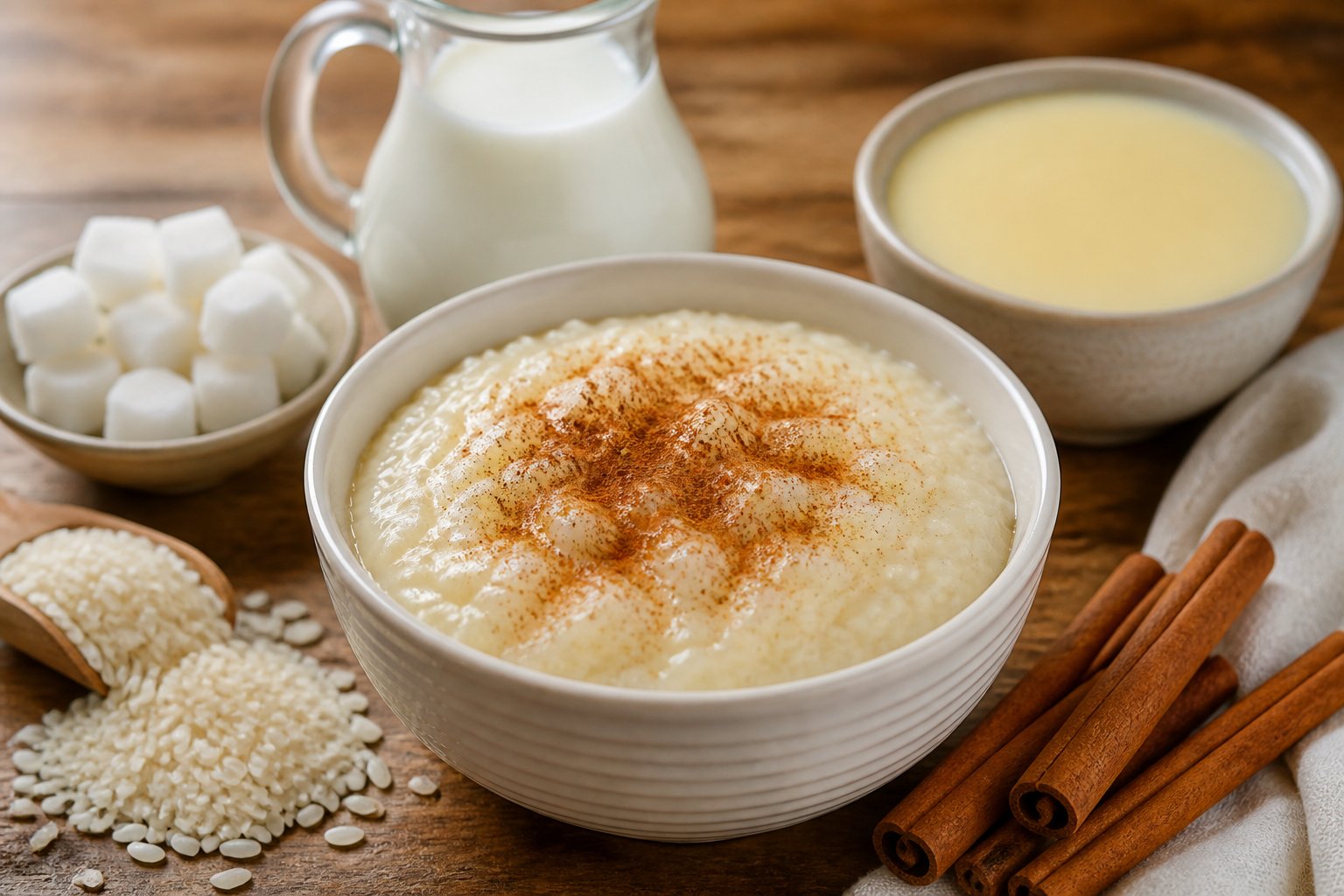 Taça branca com arroz doce cremoso polvilhado com canela, cercada por ingredientes como arroz, açúcar, canela em pau e leite sobre mesa de madeira.