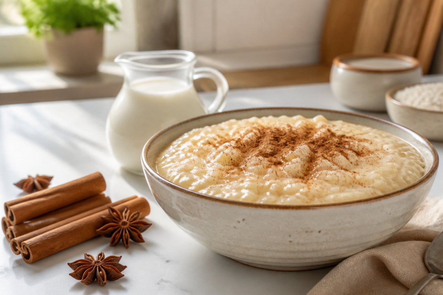 Uma tigela de arroz doce cremoso com canela polvilhada, sobre uma mesa de cozinha clara, cercada por ingredientes naturais como paus de canela e leite.
