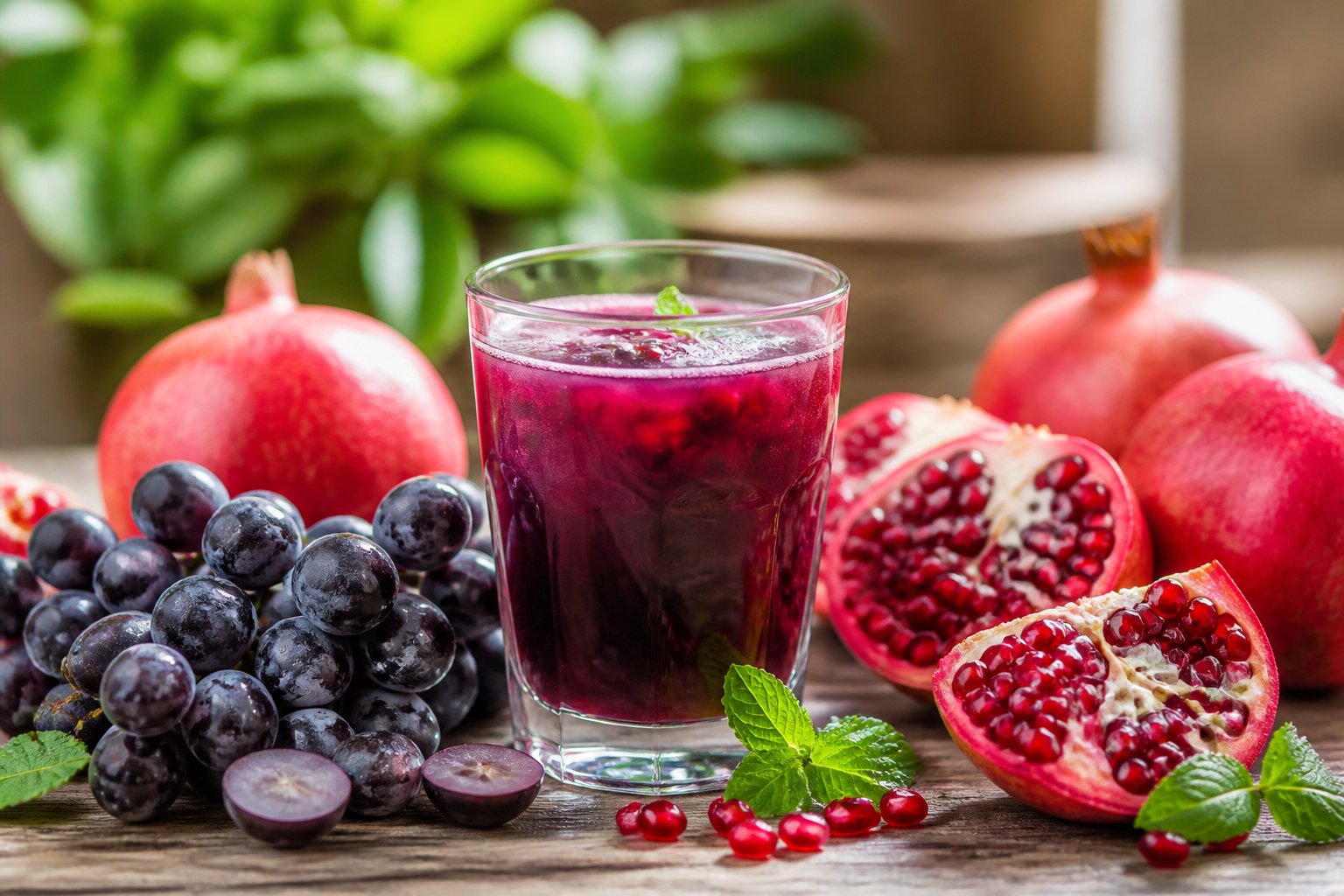 Copo de suco roxo de uva com sementes de romã ao redor, sobre uma mesa de madeira, com uvas e romãs frescas ao fundo.
