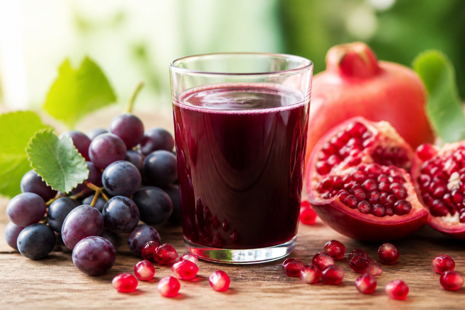 Copo de suco de uva com romã ao lado de uvas e sementes de romã sobre uma mesa de madeira.