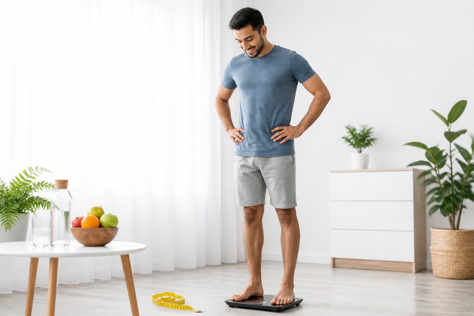 Pessoa saudável em pé sobre uma balança digital, com frutas e fita métrica ao redor, simbolizando controle de peso.