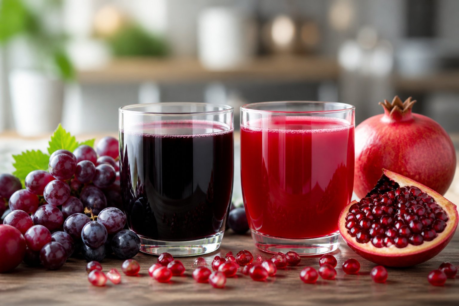 Dois copos, um com suco de uva e outro com suco de romã, rodeados por uvas e sementes de romã sobre uma mesa de madeira.