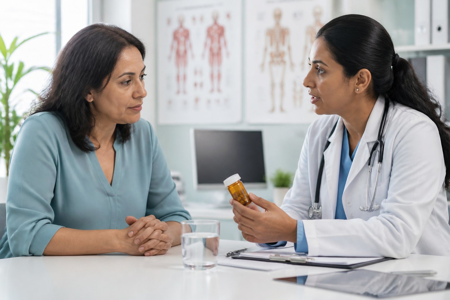 Mulher em consulta médica recebendo explicações de um profissional de saúde sobre medicamentos em ambiente clínico.