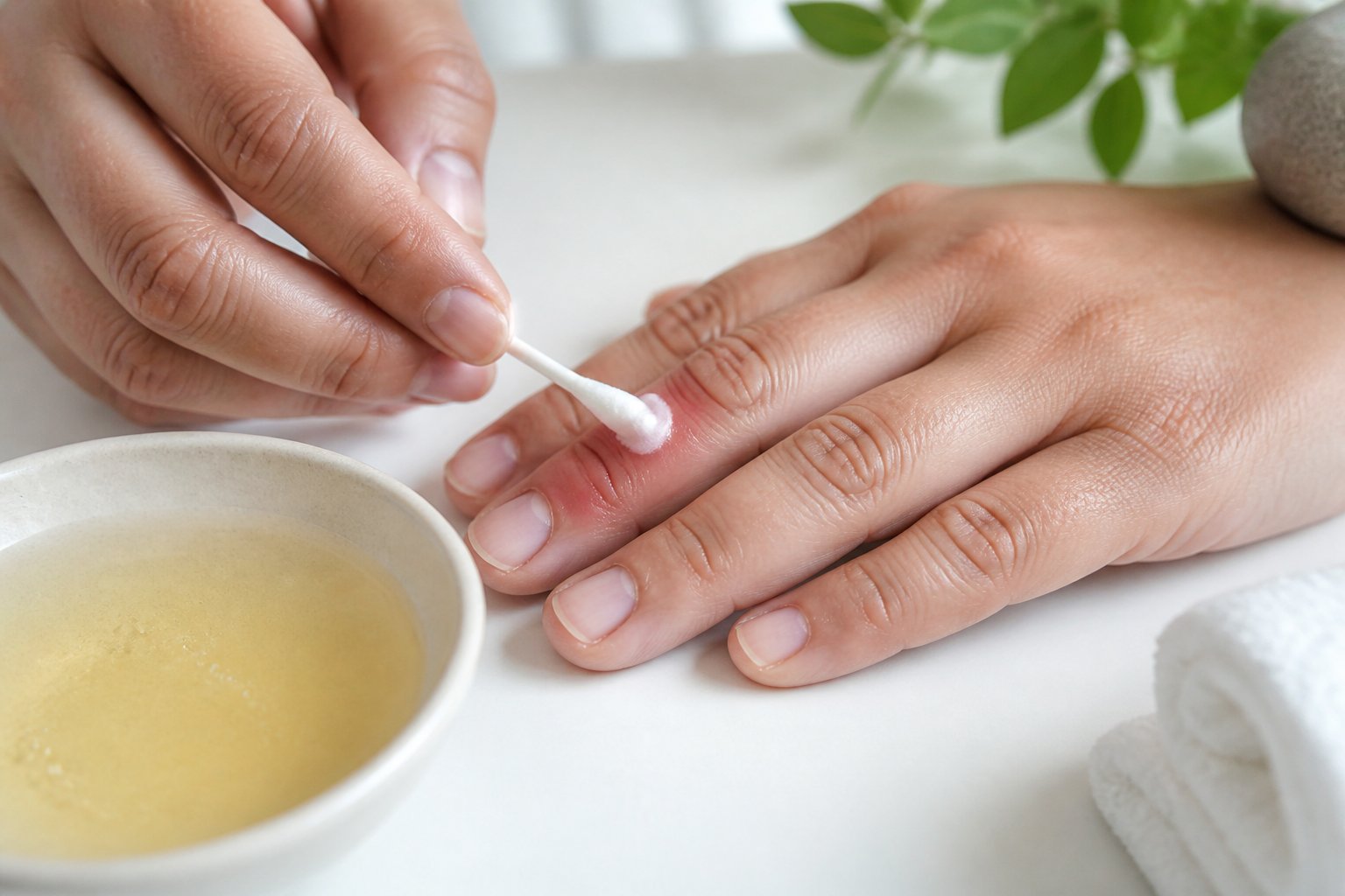 Mão aplicando creme em dedo inflamado próximo à unha para autocuidado de paroníquia, com uma tigela de água morna ao lado.