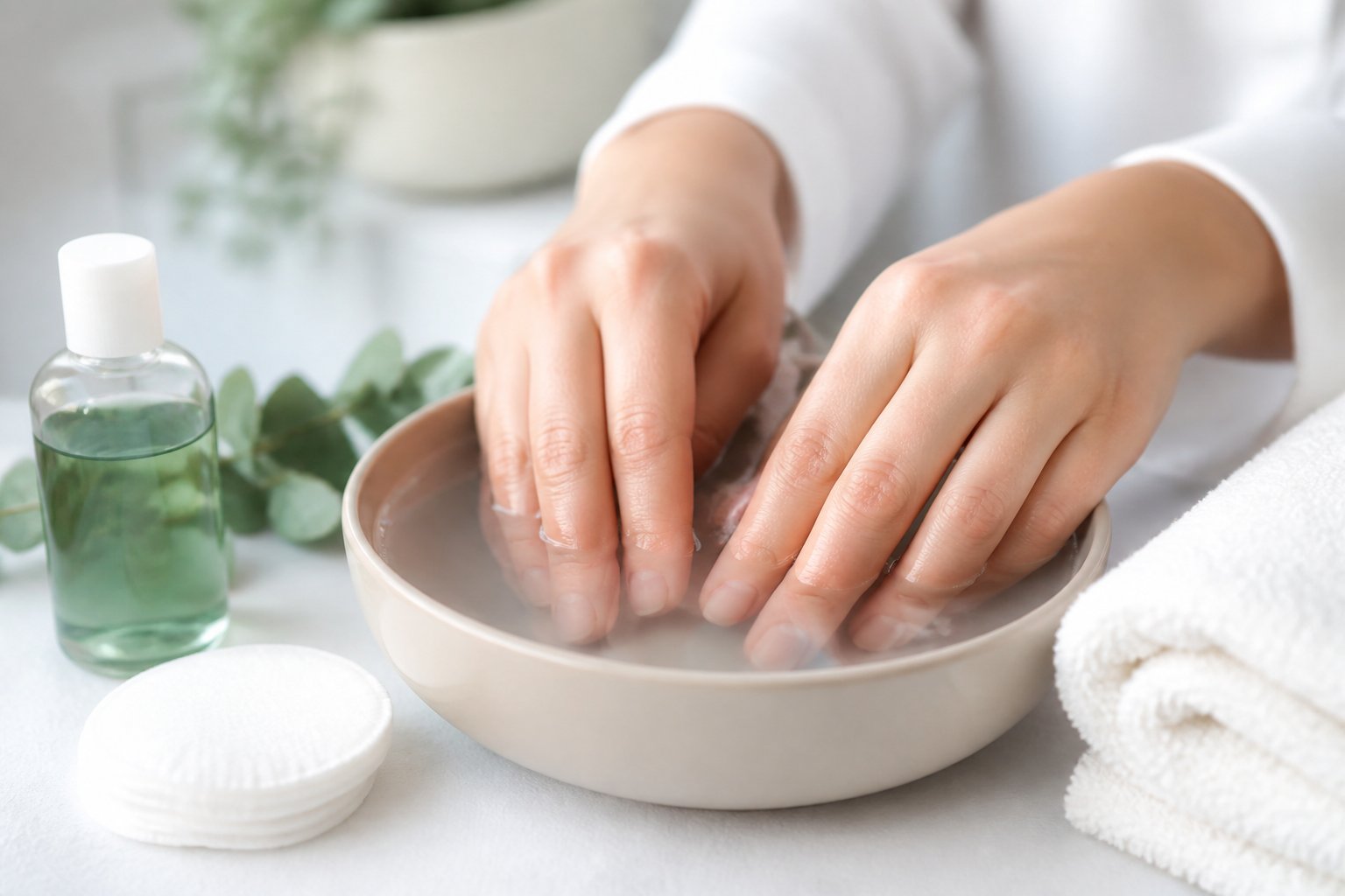 Mãos cuidadas imersas em uma tigela com água morna, ao lado de itens para higiene das unhas.