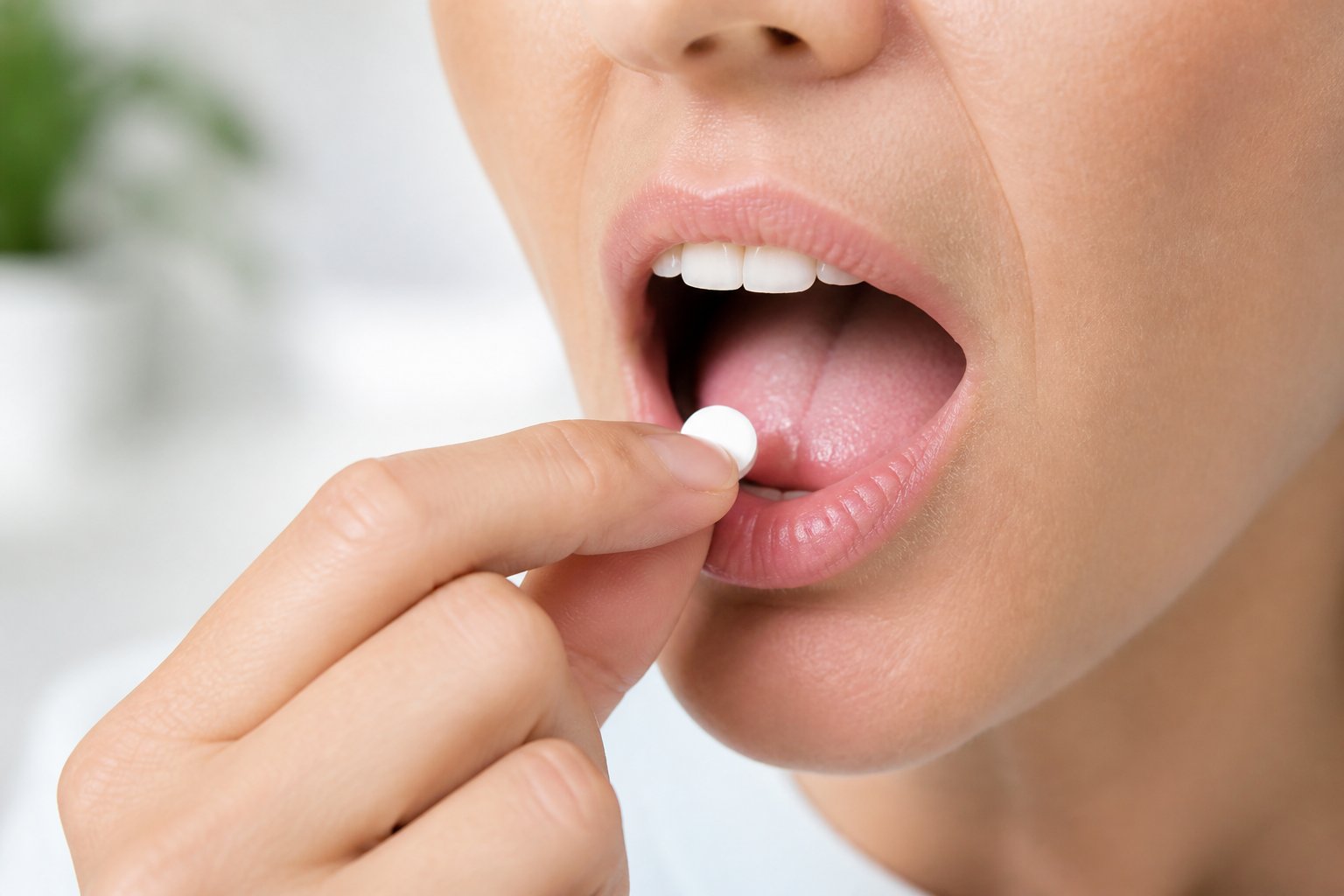 Close-up de uma mão segurando um comprimido colocado abaixo da língua de uma pessoa, mostrando a administração sublingual do remédio.