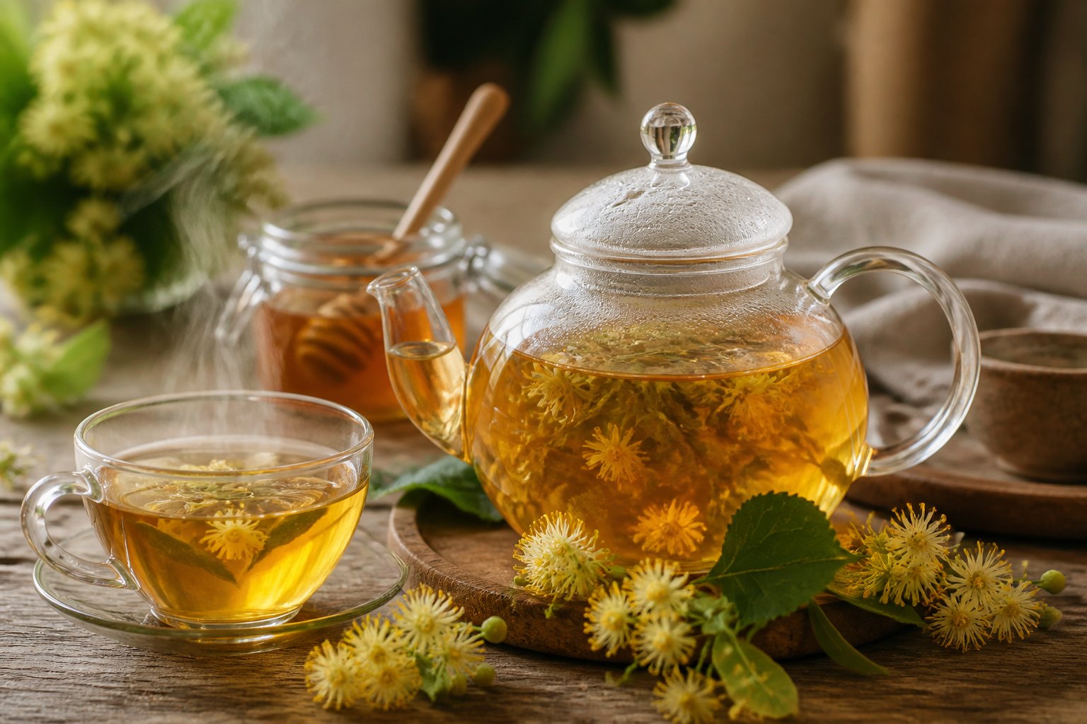 Uma cena com um bule de vidro com chá de tília, flores frescas de tília e uma xícara com vapor, sobre uma mesa de madeira com luz natural suave.