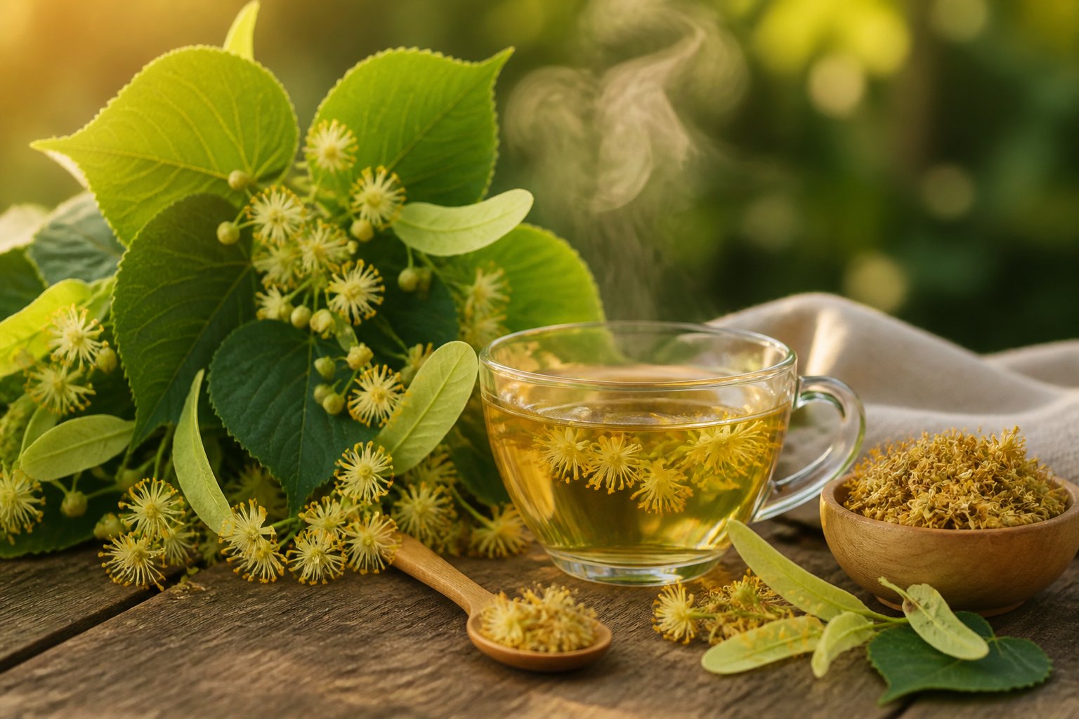 Uma xícara de chá de tilia fumegante sobre uma mesa de madeira, com folhas e flores frescas de tilia ao redor.