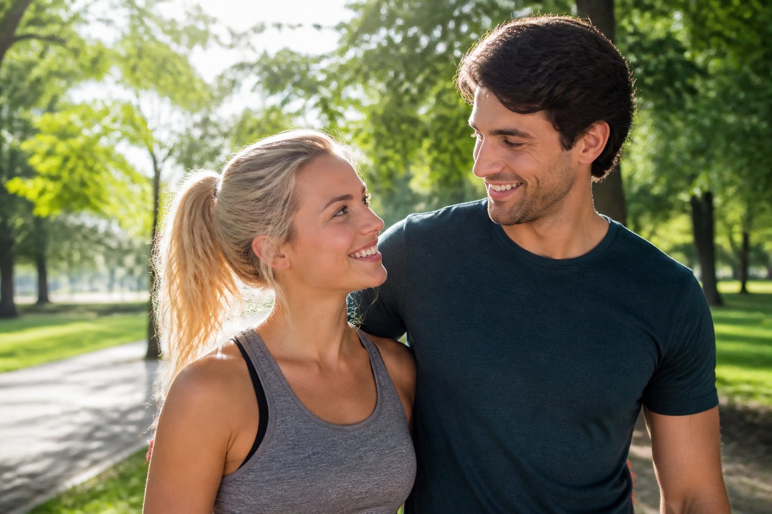 Um casal jovem e feliz em um parque ensolarado, sorrindo e aproveitando o momento juntos.