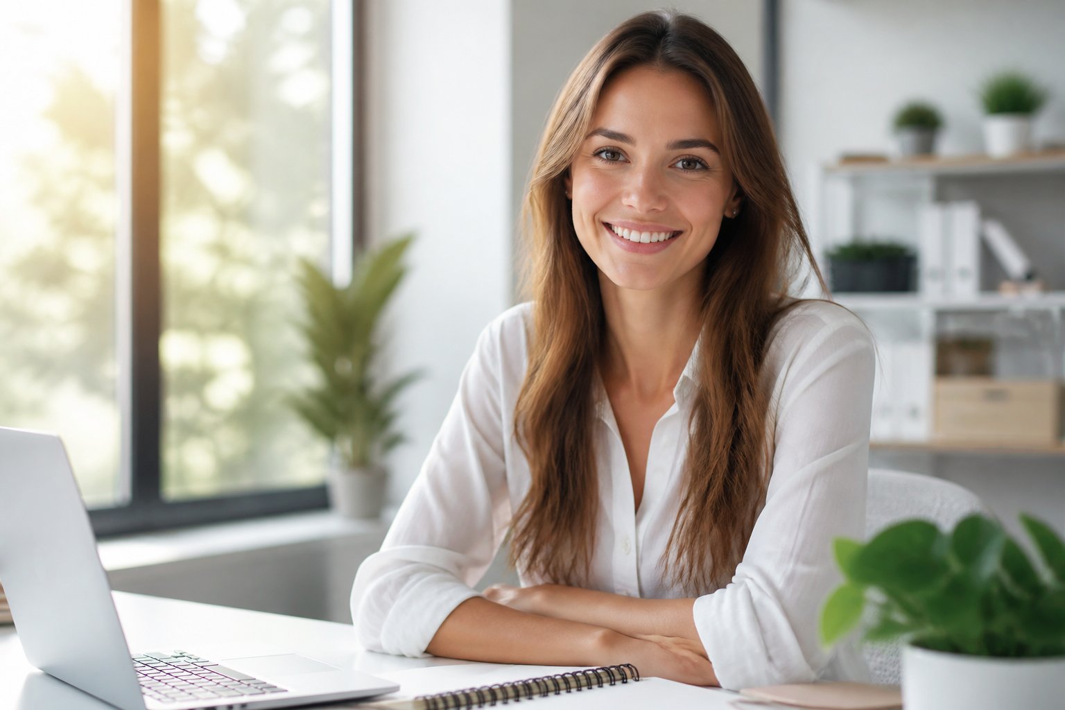 Jovem mulher sorridente sentada em uma mesa de escritório moderna e iluminada, com laptop e planta ao fundo.
