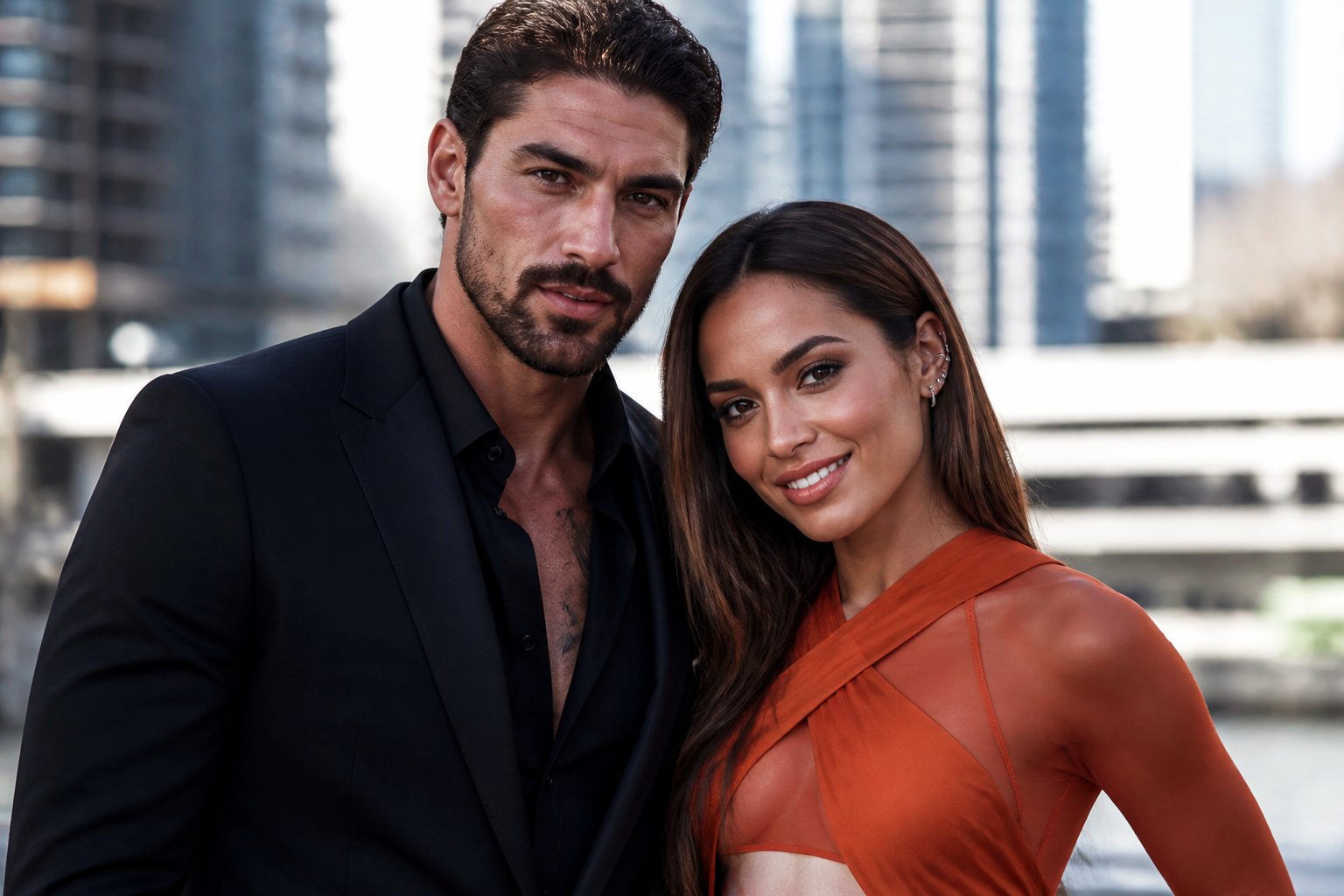 Um homem e uma mulher posando juntos em um ambiente urbano elegante, ambos sorrindo e vestidos de forma estilosa.