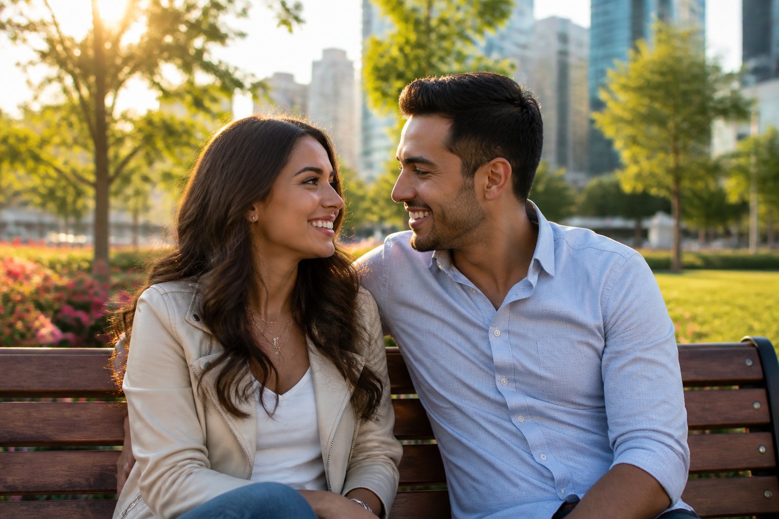 Um casal jovem sentado em um banco de parque, sorrindo um para o outro em um dia ensolarado.