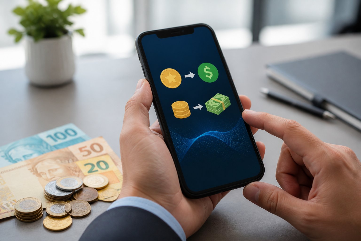 Mãos segurando um smartphone com uma carteira digital ao lado de notas e moedas de real sobre uma mesa.