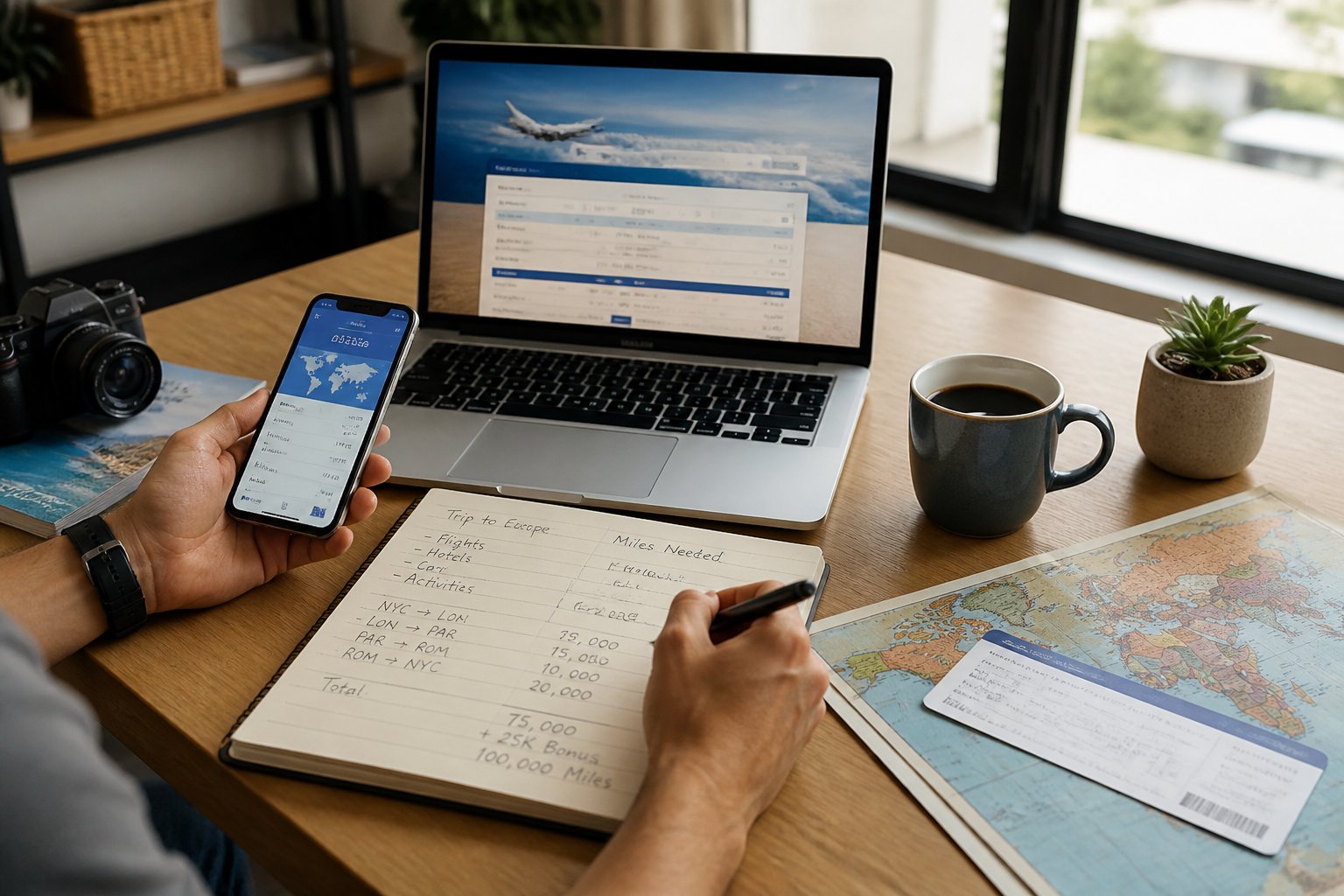 Mesa com laptop, smartphone, mapa-múndi e anotações de viagem, com uma pessoa planejando uma viagem usando milhas aéreas.