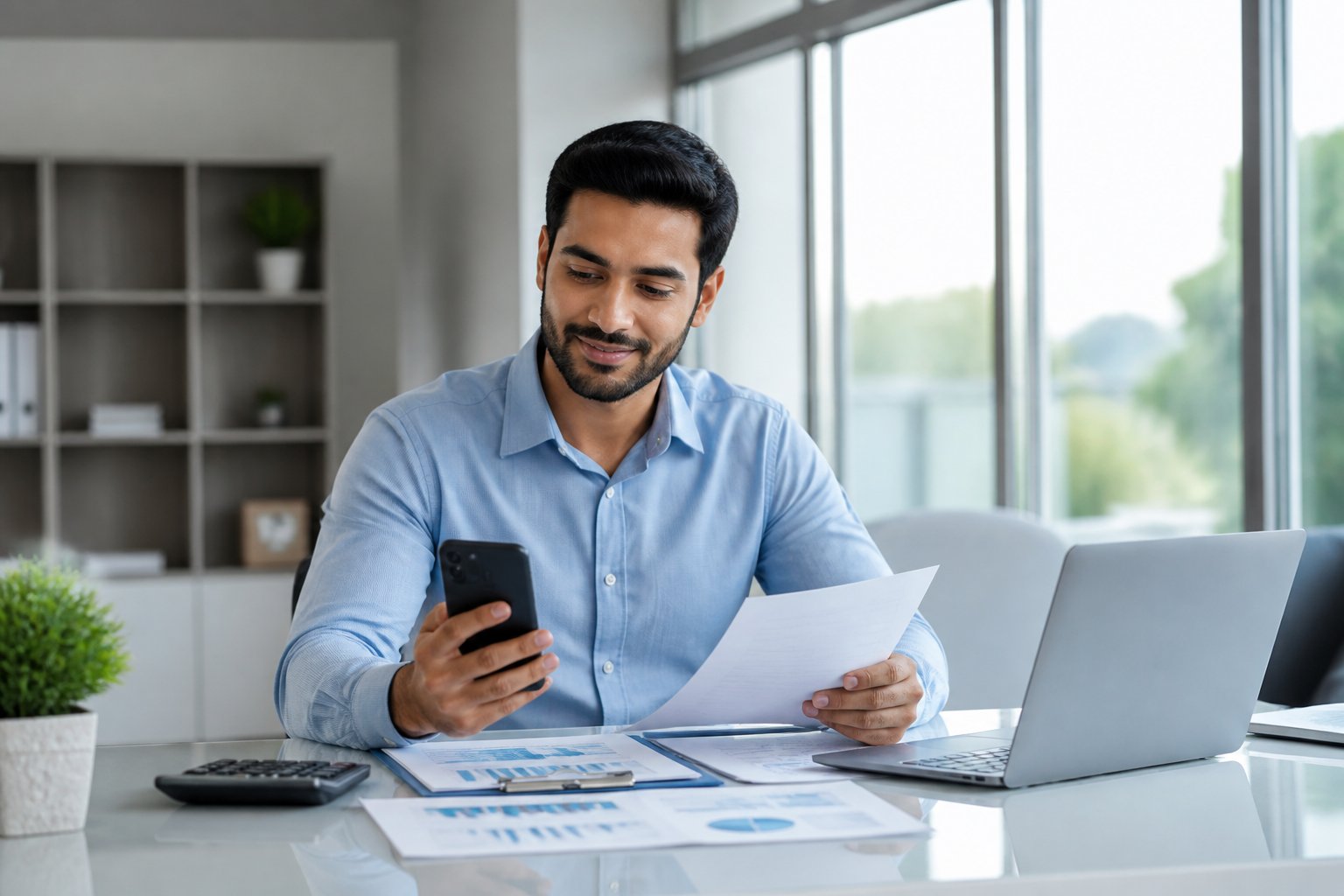 Homem jovem segurando um celular e analisando documentos financeiros em um escritório moderno e iluminado.