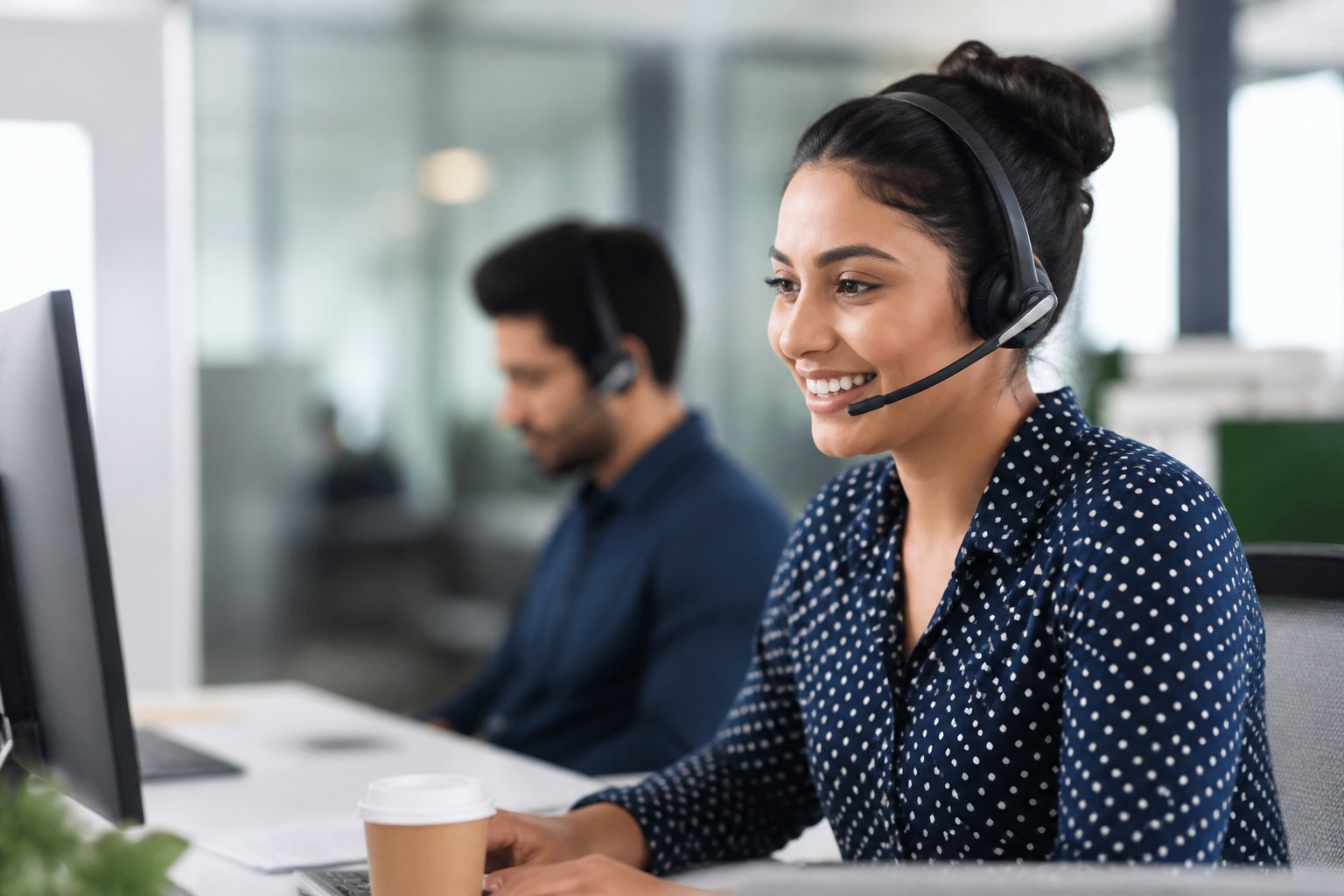 Atendente de serviço ao cliente sorrindo e falando ao telefone em um escritório moderno e bem iluminado.