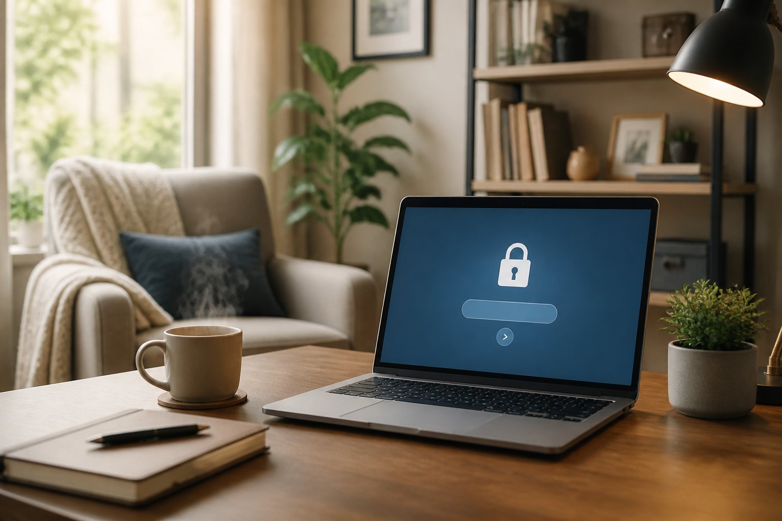 Ambiente de escritório em casa aconchegante com cadeira confortável, laptop em mesa de madeira, planta e xícara de café.