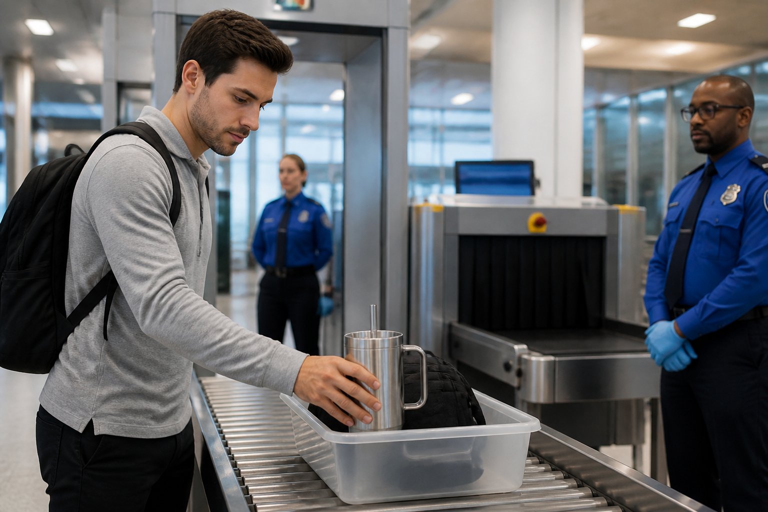 Pessoa colocando um copo Stanley em uma bandeja no raio-x de um aeroporto durante a passagem pela segurança.
