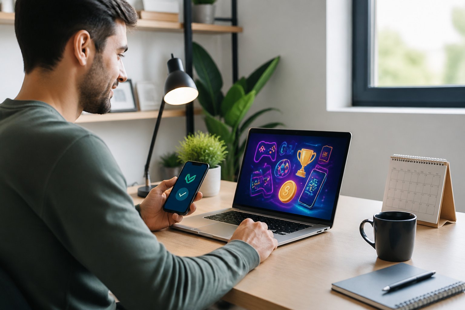Pessoa jovem usando laptop e smartphone em um ambiente de escritório em casa, mostrando interação com jogos online e pagamentos via PIX.