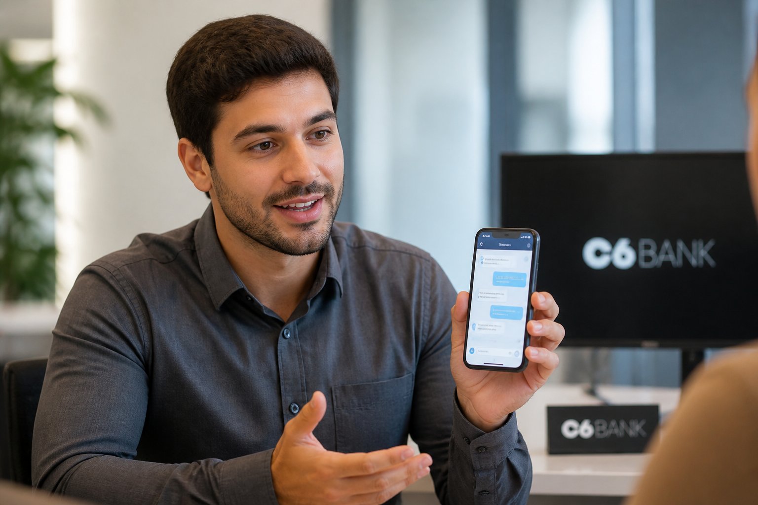 Pessoa sentada em uma mesa moderna, segurando um smartphone e conversando, com ambiente de escritório e elementos sutis relacionados ao banco C6 ao fundo.